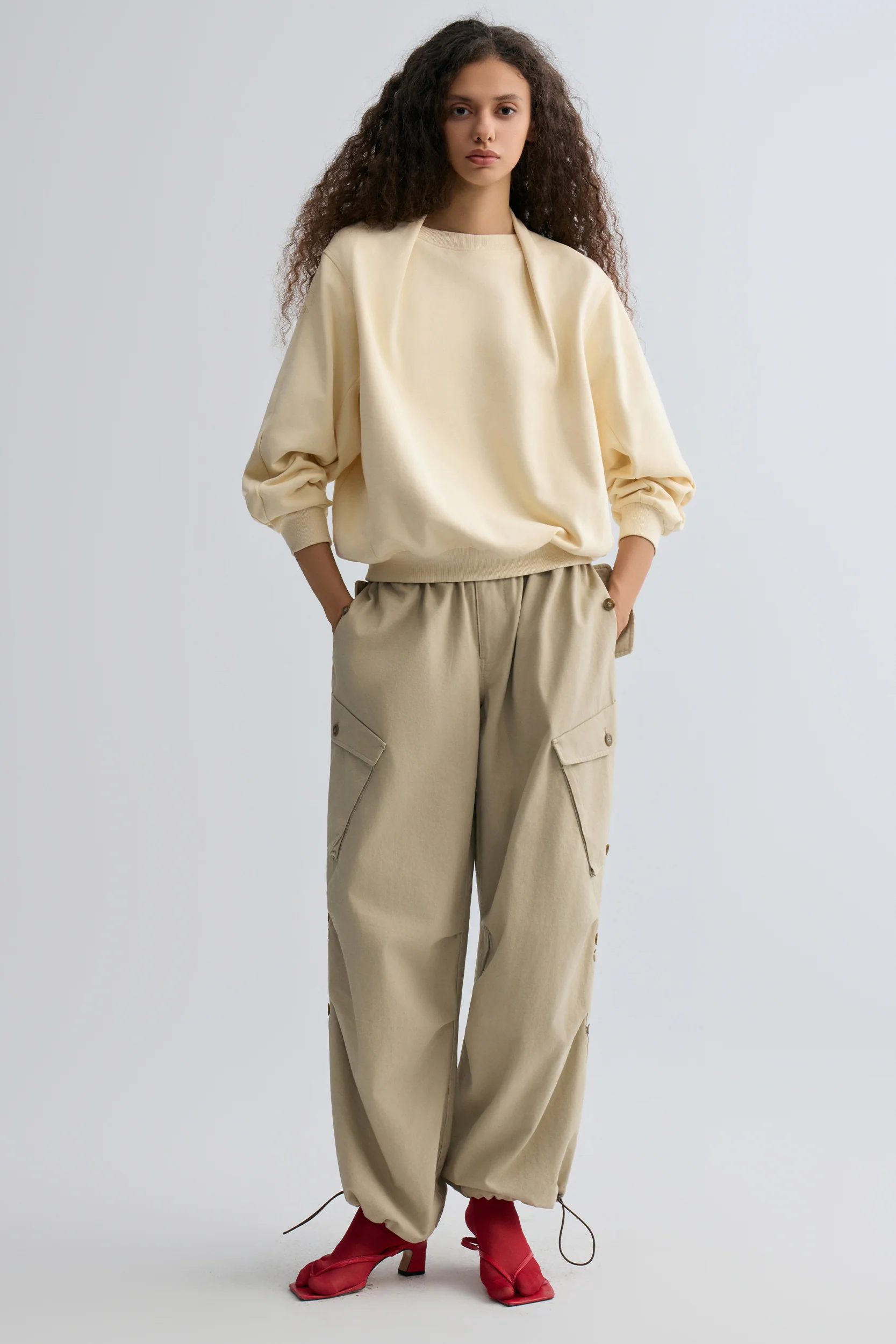Washed Baggy Cargo Trousers Dusty Ivory