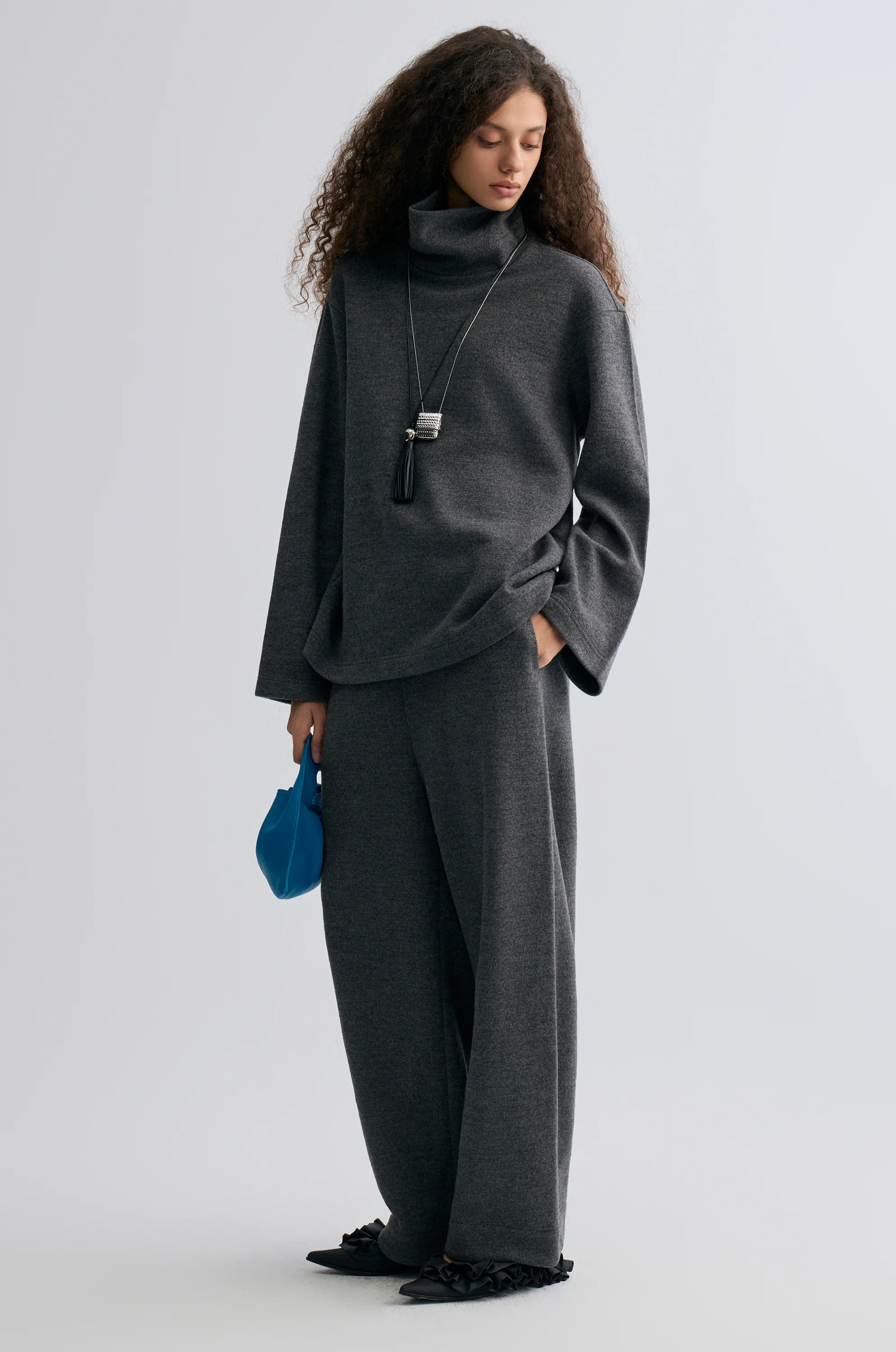 Wide-leg knitted Trousers Grey Melange - Image 7