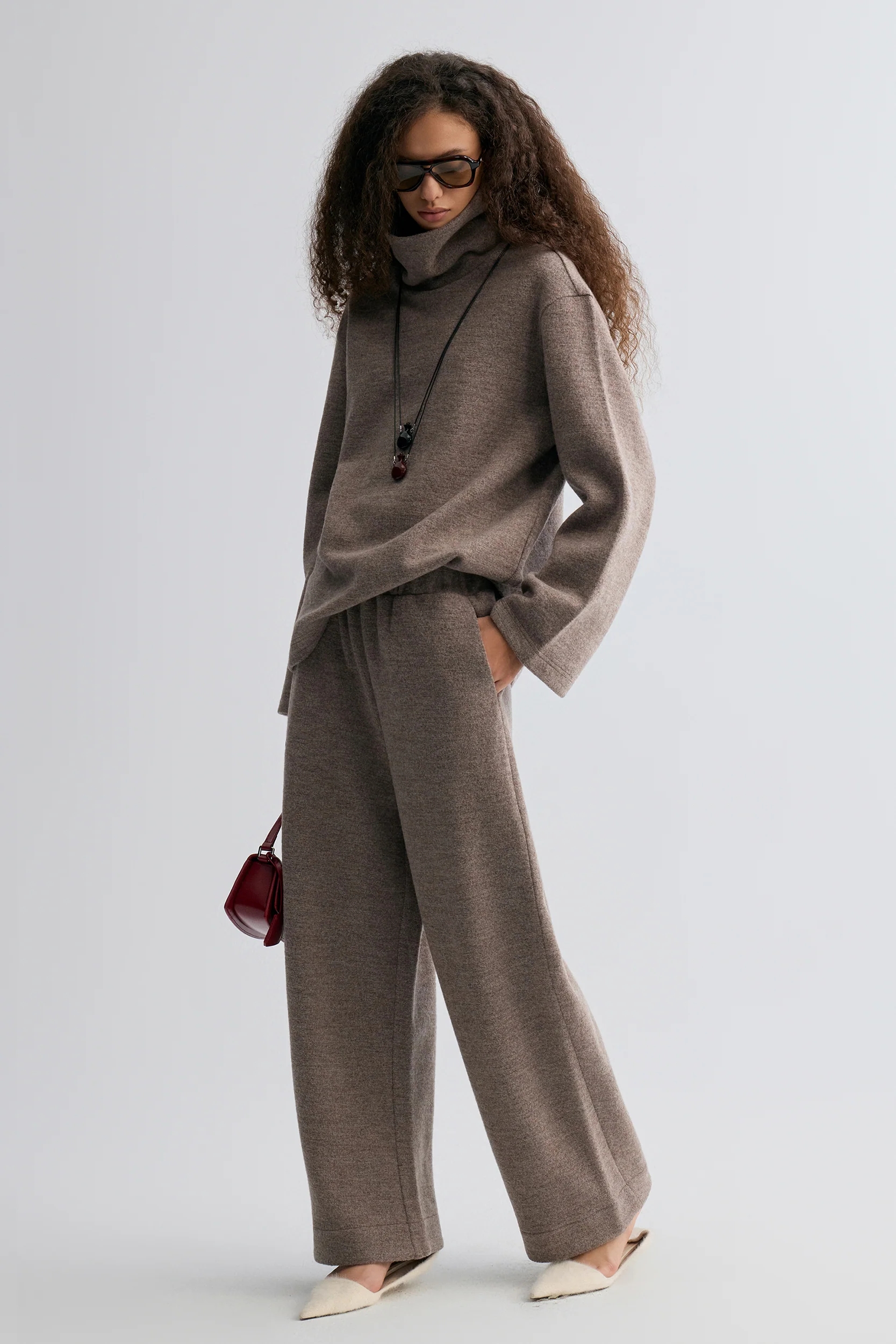 Wide-leg knitted Trousers Taupe Melange - Image 2