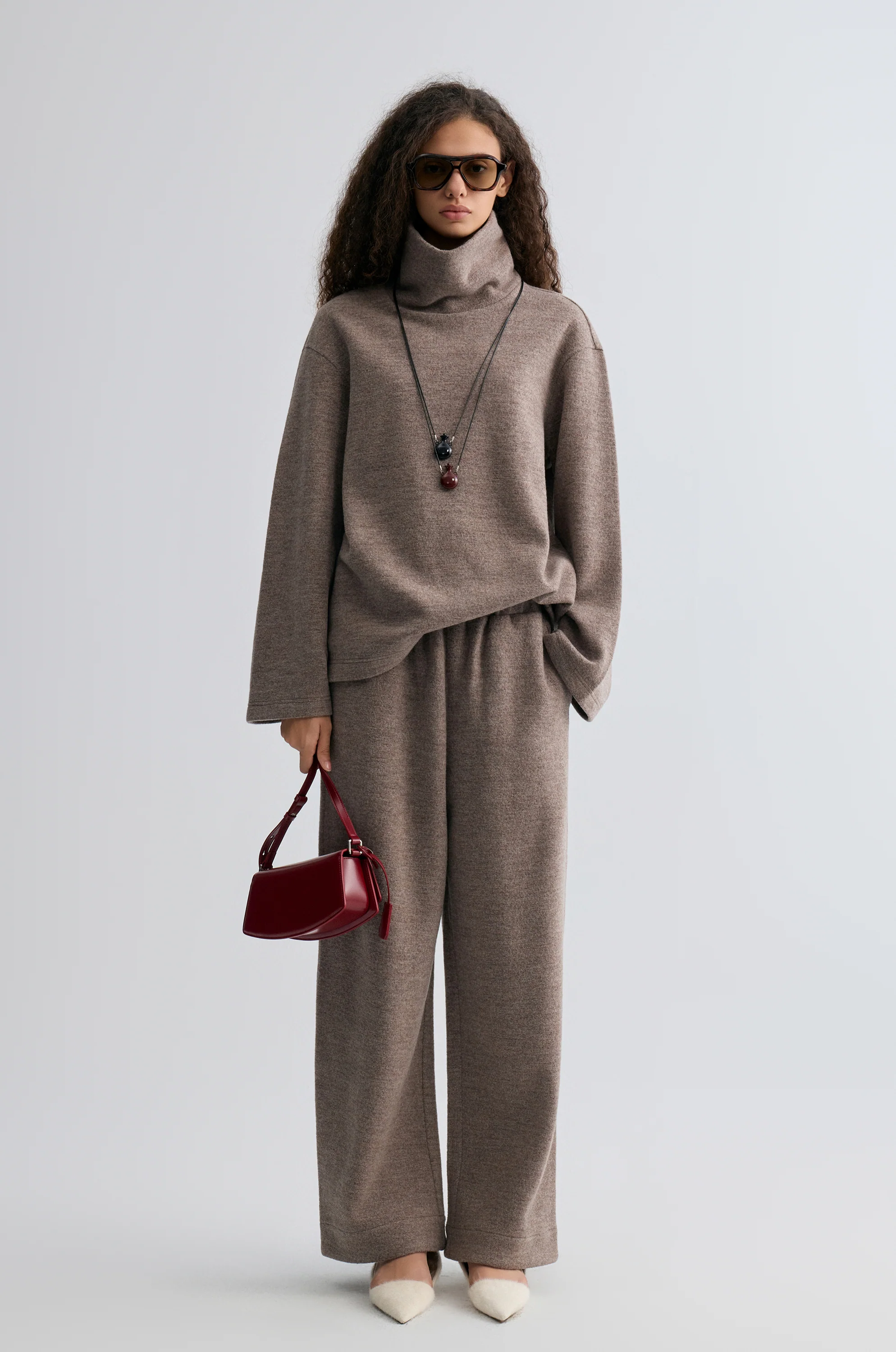 Wide-leg knitted Trousers Taupe Melange - Image 3