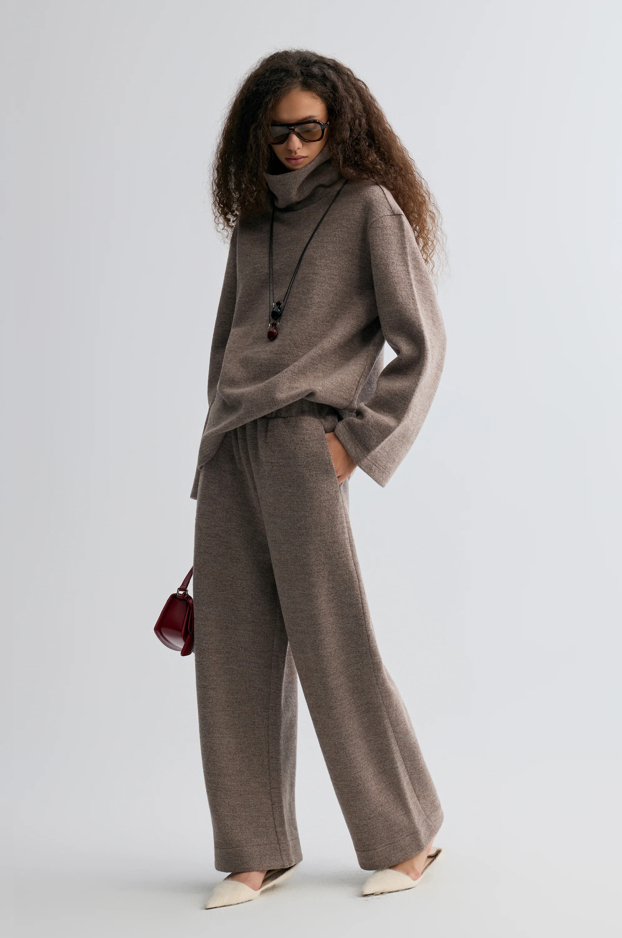 Wide-leg knitted Trousers Taupe Melange - Image 7